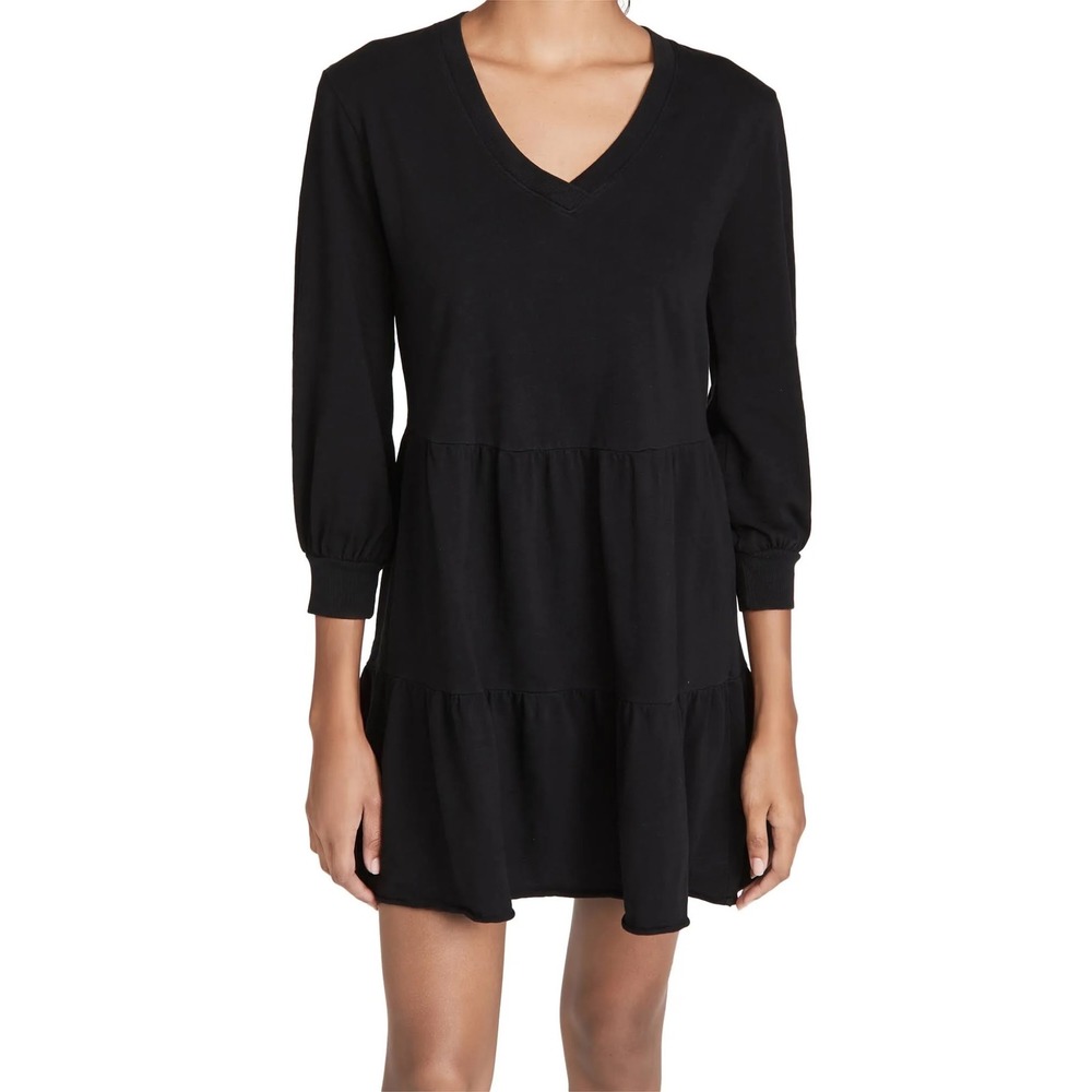Nation LTD Tiered Mini Dress V-Neck Long Sleeve Casual Black Dress Size L.  orA4